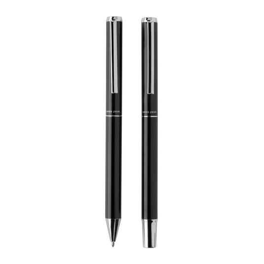 Swiss Peak cedar RCS certified recycled aluminum pen set with three sleek writing instruments on a white background.