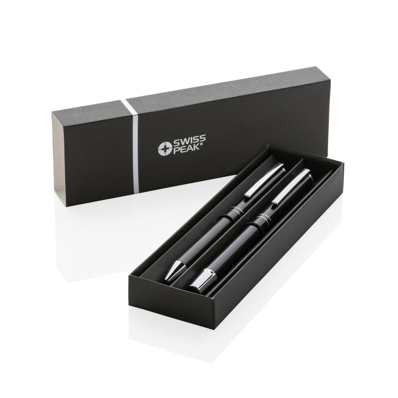 Load image into Gallery viewer, Swiss Peak Cedar RCS certified recycled aluminum pen set with sleek writing instruments on a neutral background.
