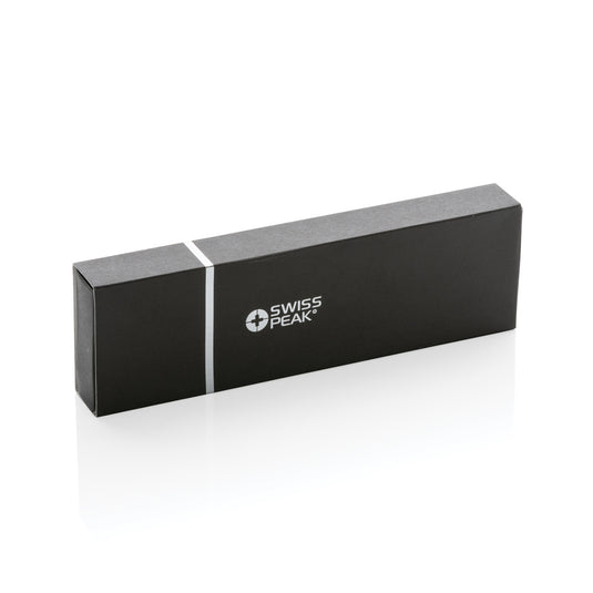 Swiss Peak Cedar RCS certified recycled aluminum pen set with four sleek writing instruments on a white background.