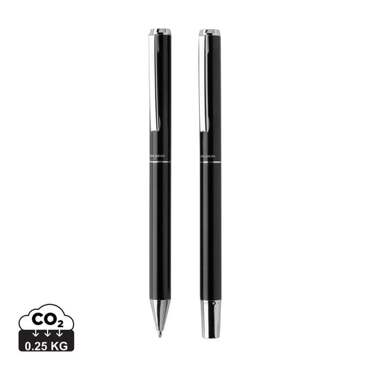 Swiss Peak Cedar RCS certified recycled aluminum pen set with sleek writing instruments on a white background.