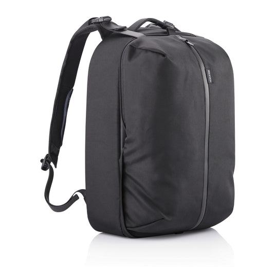 XD Design Flex Gym bag in black with adjustable shoulder strap, featuring multiple compartments for travel and sports gear.
