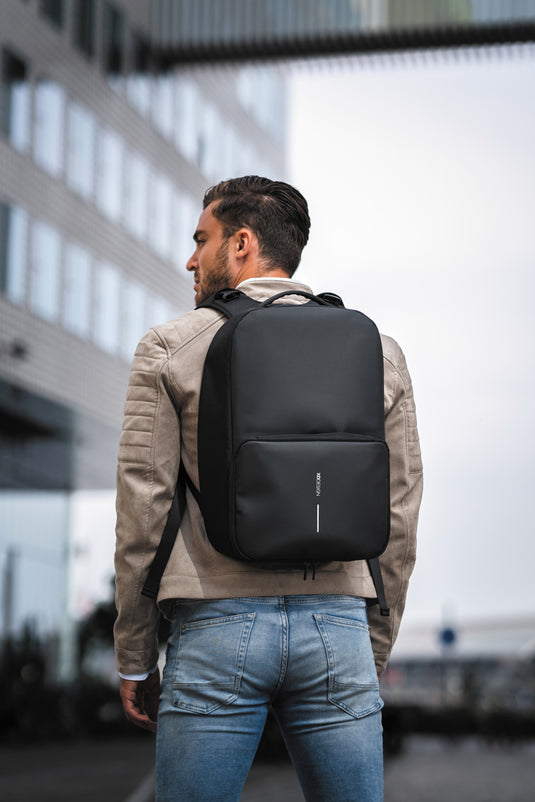 XD Design Flex Gym bag in black with multiple compartments, designed for travel and gym use, made from durable materials.
