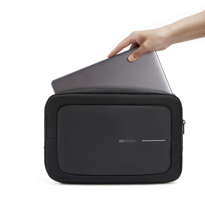 Load image into Gallery viewer, XD Design 14-inch laptop bag showing sleek black design with adjustable shoulder strap and multiple compartments for travel.
