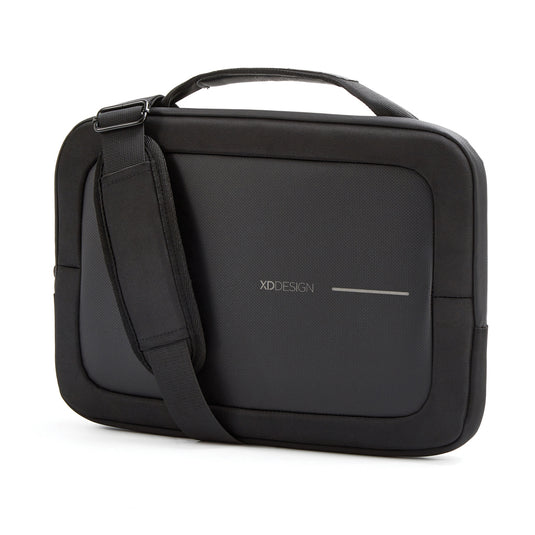 XD Design 14-inch laptop bag in black with padded compartments and adjustable strap, designed for travel and everyday use.