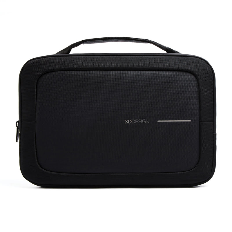 Load image into Gallery viewer, XD Design 14-inch laptop bag in black with padded compartment and adjustable strap, suitable for travel and daily use.
