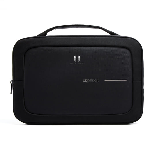 XD Design 14-inch laptop bag showing sleek black fabric with adjustable shoulder strap and multiple compartments for travel accessories.