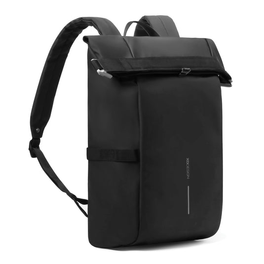 Urban water-resistant bike backpack by XD Design with multiple compartments, adjustable straps, and sleek black design.