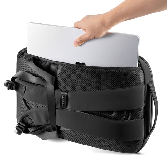XD Design Bobby Air Backpack in black, showing sleek design with multiple compartments and padded shoulder straps.