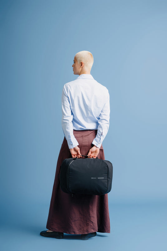 XD Design Bobby Air backpack in black with multiple compartments and padded straps, designed for comfortable travel and daily use.
