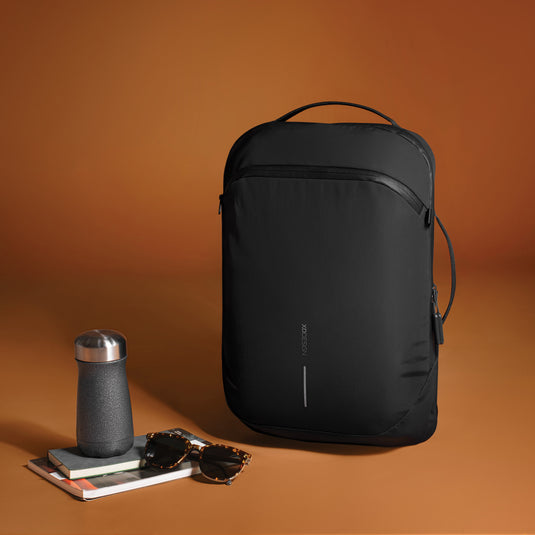 XD Design Bobby Air backpack in black, featuring multiple compartments and padded straps, designed for comfortable travel and everyday use.