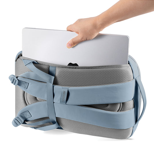 XD Design Bobby Air backpack shown with sleek black nylon exterior, multiple compartments, and ergonomic shoulder straps.