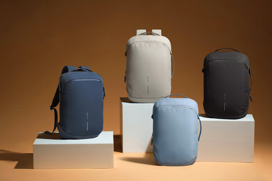 XD Design Bobby Air backpack shown with sleek black design, multiple compartments, and ergonomic shoulder straps for travel and daily use.