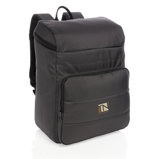 Impact AWARE™ RPET cooler backpack by XD Xclusive, outdoor gear with insulated interior, green and black design, and adjustable straps.