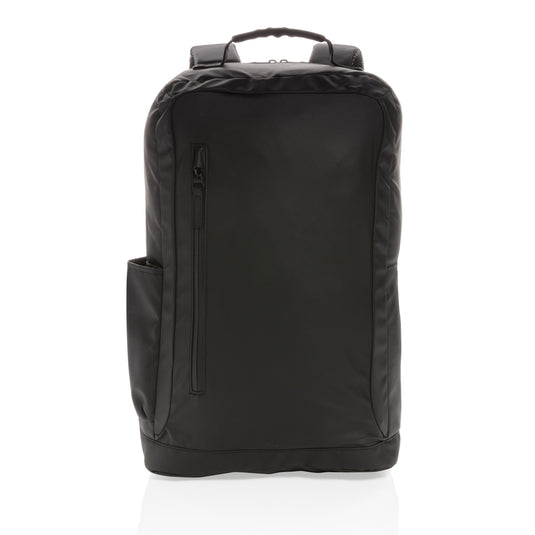 Black 15.6-inch PVC-free laptop backpack from XD Collection, stylish bag with multiple compartments for travel and daily use.