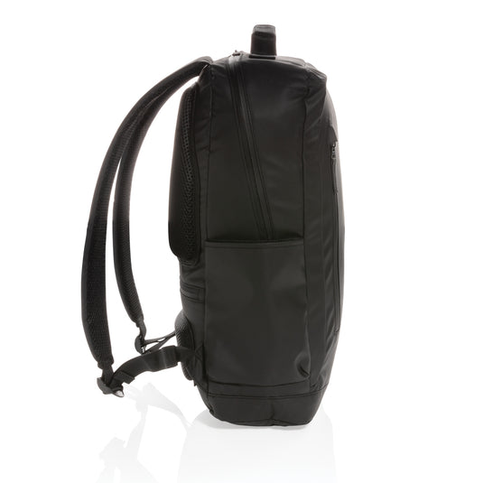 Black 15.6-inch laptop backpack from XD Collection with PVC-free design, featuring multiple compartments and padded shoulder straps.