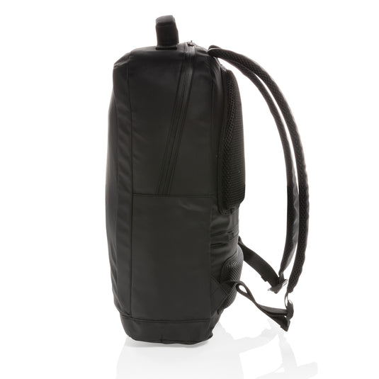 Black 15.6-inch laptop backpack by XD Collection, PVC-free fashion bag with multiple compartments and padded shoulder straps.