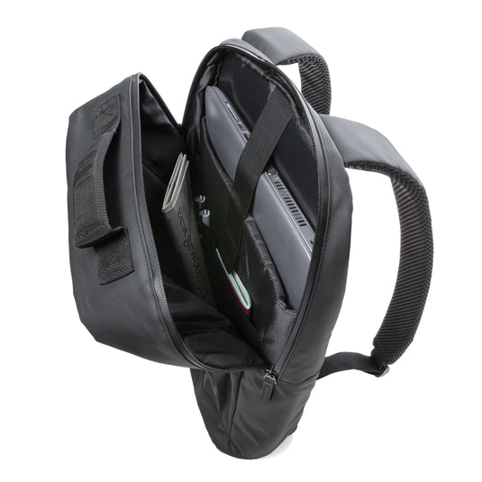 Black 15.6-inch laptop backpack from XD Collection, PVC-free fashion bag with multiple compartments and padded straps.