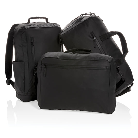 Black 15.6-inch laptop backpack by XD Collection, PVC-free fashion bag with multiple compartments and padded straps.