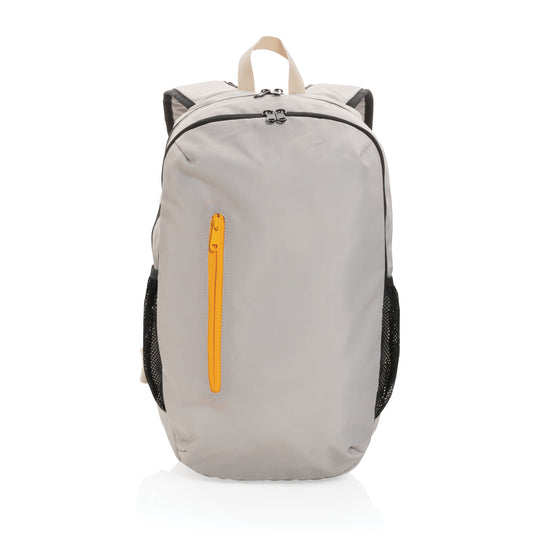 300D RPET casual backpack from XD Collection featuring eco-friendly material, multiple compartments, and adjustable shoulder straps.