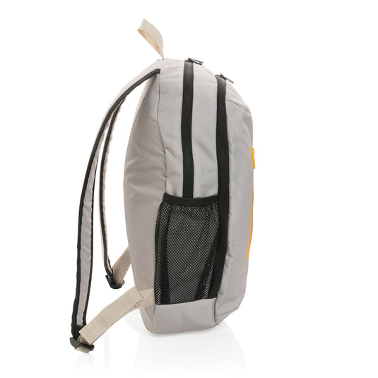 300D RPET casual backpack from XD Collection, featuring eco-friendly material, multiple compartments, and adjustable straps.