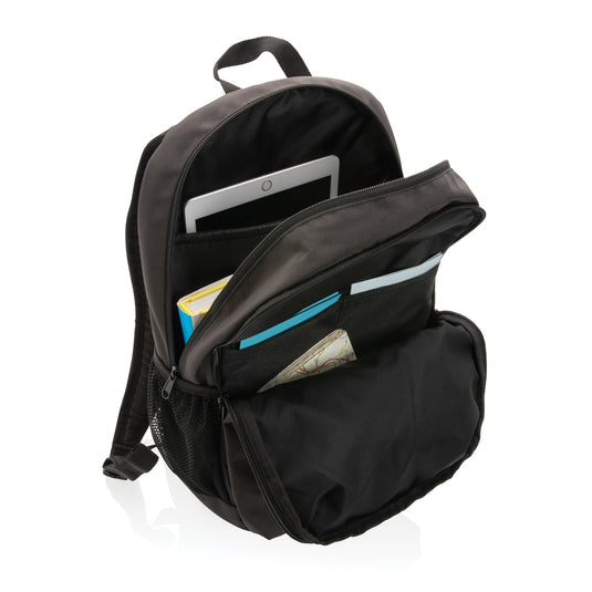XD Collection 300D RPET casual backpack with multiple compartments, black fabric, and adjustable straps for everyday use.