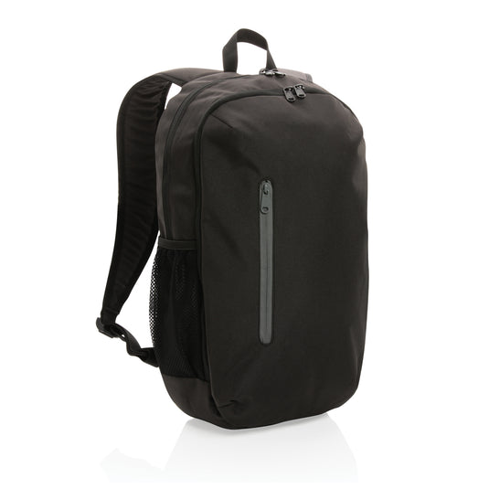 Light blue 300D RPET casual backpack from XD Collection with multiple compartments and adjustable straps, designed for everyday use.