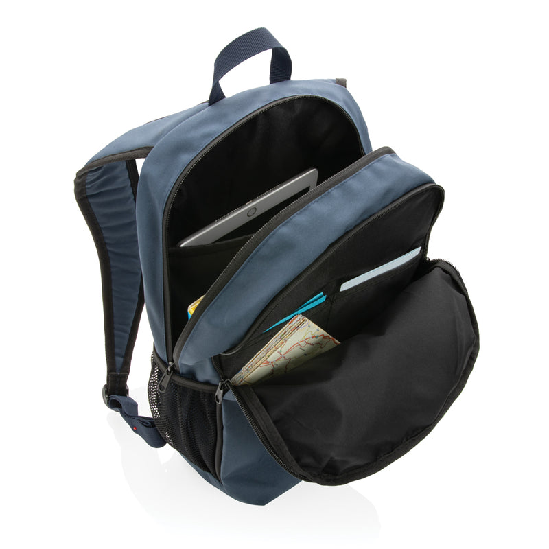 Load image into Gallery viewer, Light blue 300D RPET casual backpack from XD Collection with adjustable straps and multiple compartments, designed for everyday travel.

