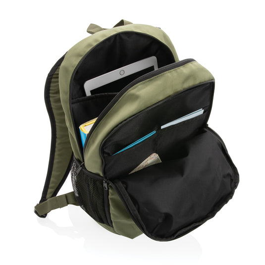XD Collection 300D RPET casual backpack featuring eco-friendly recycled material, adjustable straps, and multiple storage compartments.