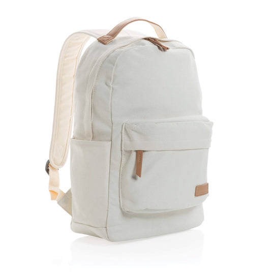 16 oz recycled canvas backpack from XD Collection, showing durable, eco-friendly bag with adjustable straps and spacious main compartment.