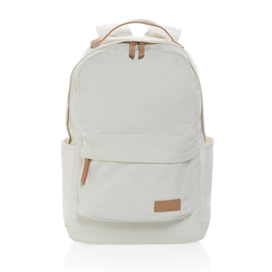 16 oz recycled canvas backpack from XD Collection, showing sturdy straps and spacious main compartment for travel and everyday use.