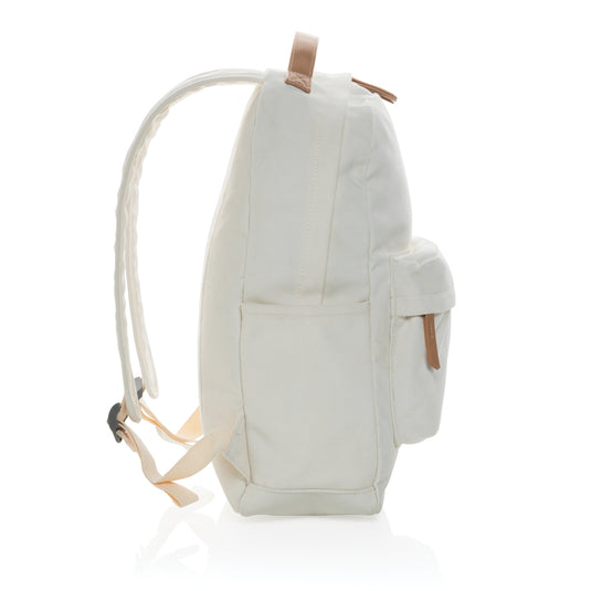 16 oz. recycled canvas backpack by XD Collection featuring adjustable straps and multiple compartments for travel and everyday use.