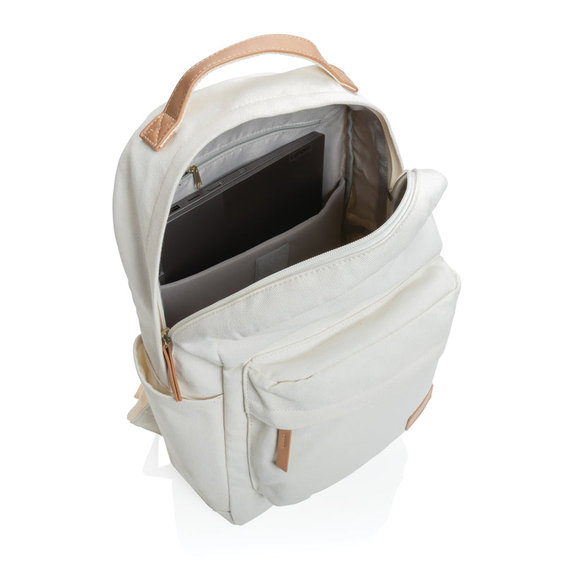 Load image into Gallery viewer, 16 oz recycled canvas backpack from XD Collection, showcasing durable green bag with adjustable straps and multiple compartments.
