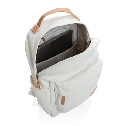 16 oz recycled canvas backpack from XD Collection, showcasing durable green bag with adjustable straps and multiple compartments.
