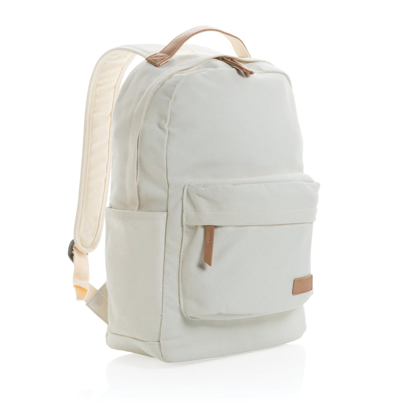 Load image into Gallery viewer, 16 oz recycled canvas backpack from XD Collection, showing durable, eco-friendly bag with adjustable straps and multiple compartments.
