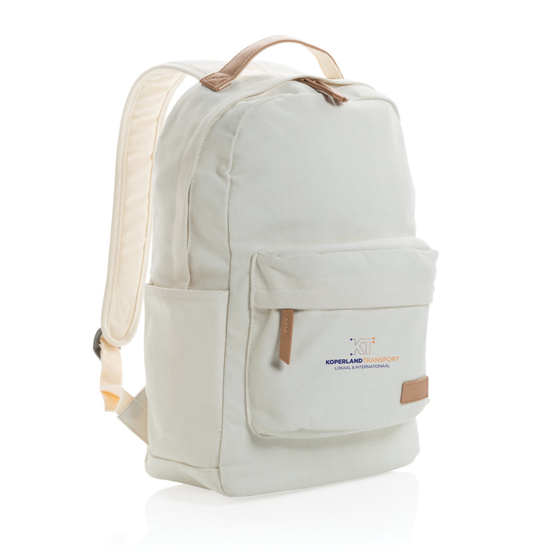 Load image into Gallery viewer, 16 oz recycled canvas backpack from XD Collection with adjustable straps and multiple compartments, placed on a wooden surface.
