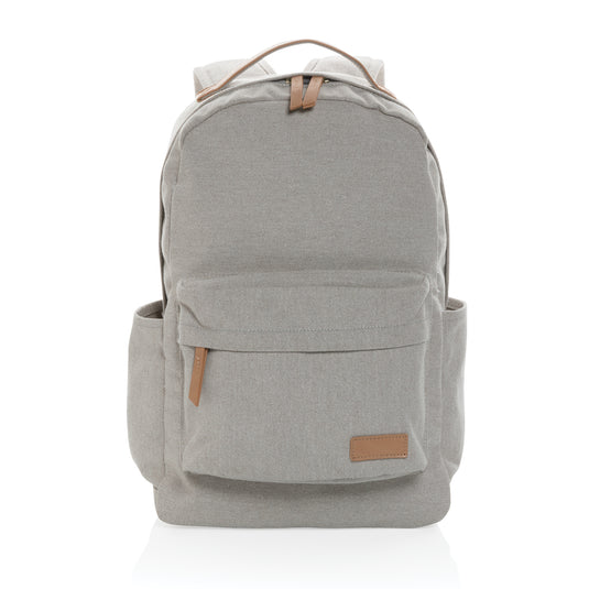 16 oz recycled canvas backpack from XD Collection featuring adjustable straps and multiple compartments for travel and everyday use.