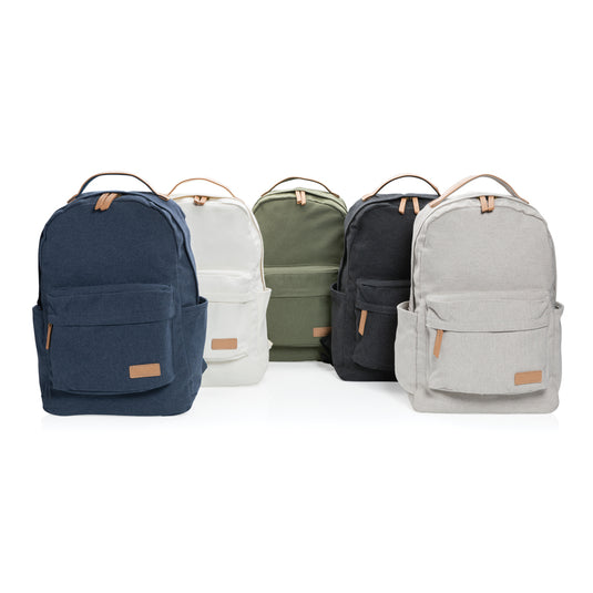 16 oz recycled canvas backpack from XD Collection, showing adjustable straps and spacious main compartment for travel and daily use.