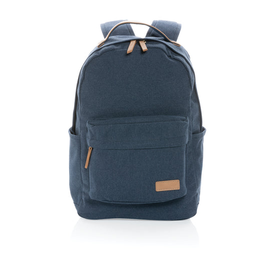 16 oz recycled canvas backpack from XD Collection showing front view with adjustable straps and multiple compartments.