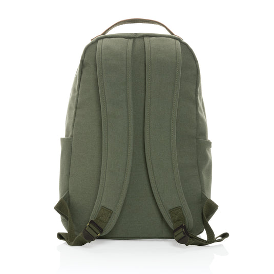 16 oz recycled canvas backpack from XD Collection, showing front view with adjustable straps and spacious main compartment.