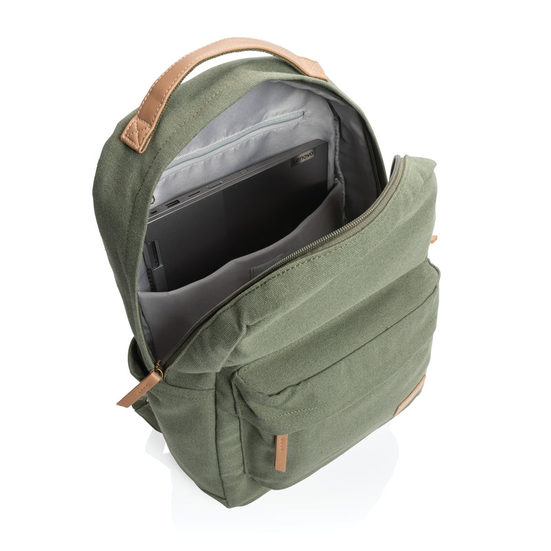 Load image into Gallery viewer, 16 oz recycled canvas backpack from XD Collection, showing durable bag with adjustable straps and front pocket.
