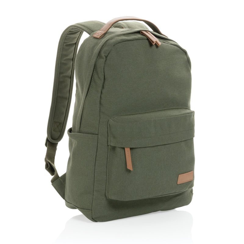 Load image into Gallery viewer, 16 oz recycled canvas backpack by XD Collection, showing adjustable shoulder straps and front pocket in a natural setting.
