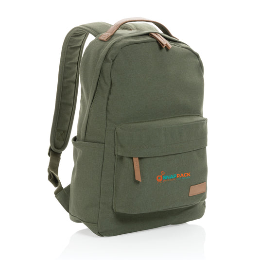 16 oz recycled canvas backpack from XD Collection, showing sturdy straps and spacious main compartment for travel and daily use.