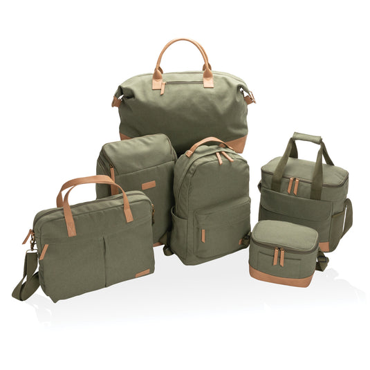 16 oz recycled canvas backpack by XD Collection with adjustable straps and multiple compartments, designed for travel and everyday use.