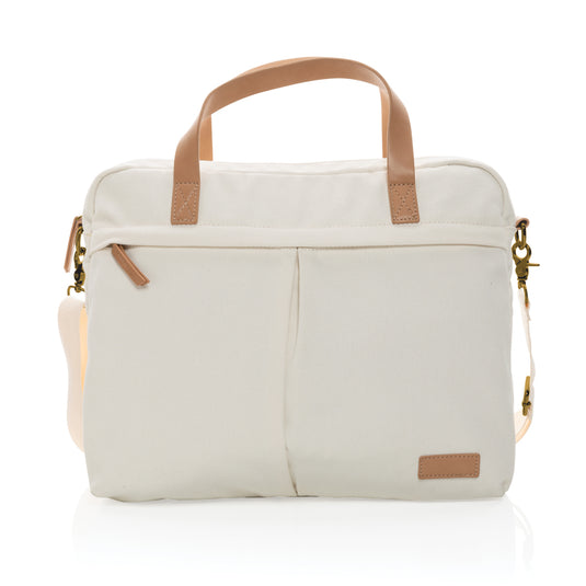 16 oz recycled canvas laptop bag by XD Collection with adjustable shoulder strap and multiple compartments.