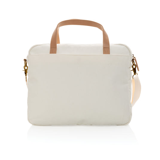 16 oz recycled canvas laptop bag from XD Collection, showing front view with handles and eco-friendly material.