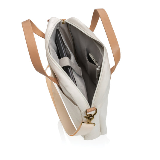 16 oz recycled canvas laptop bag by XD Collection, featuring a sturdy, eco-friendly design with a top handle and main compartment.