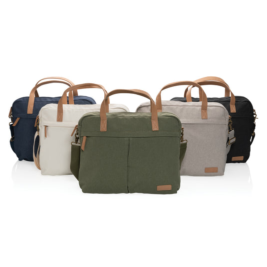 16 oz recycled canvas laptop bag from XD Collection featuring a sturdy design with a front pocket and adjustable strap.