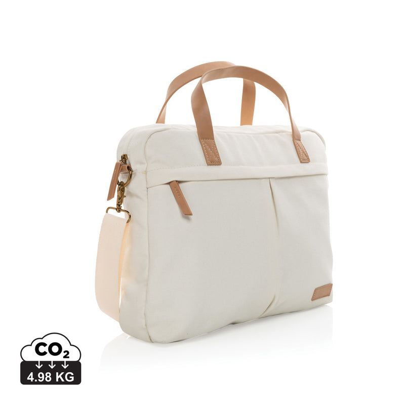 Load image into Gallery viewer, 16 oz recycled canvas laptop bag from XD Collection, showing front view with handles and spacious main compartment.

