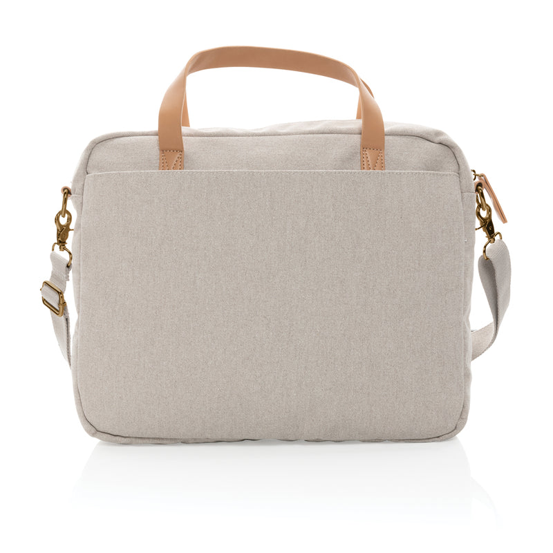 Load image into Gallery viewer, 16 oz recycled canvas laptop bag from XD Collection, showing the bag's front with handles and eco-friendly material detail.
