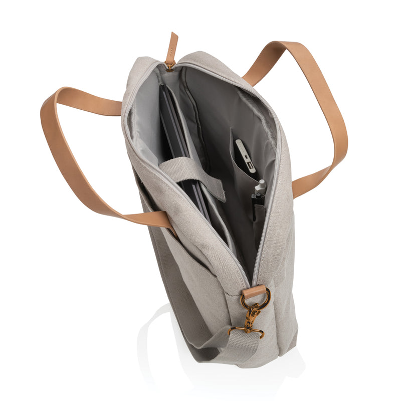 Load image into Gallery viewer, 16 oz recycled canvas laptop bag by XD Collection, stylish and eco-friendly with a spacious design and sturdy handle.
